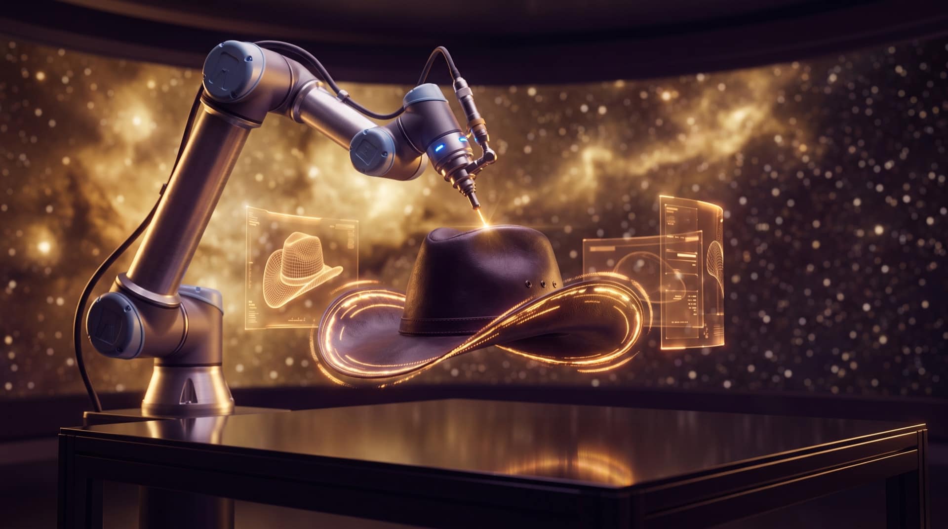 A futuristic robotic arm finishing a western cowboy hat glowing with warm gold holographic light, surrounded by holographic 3D wireframe panels in a deep-space studio